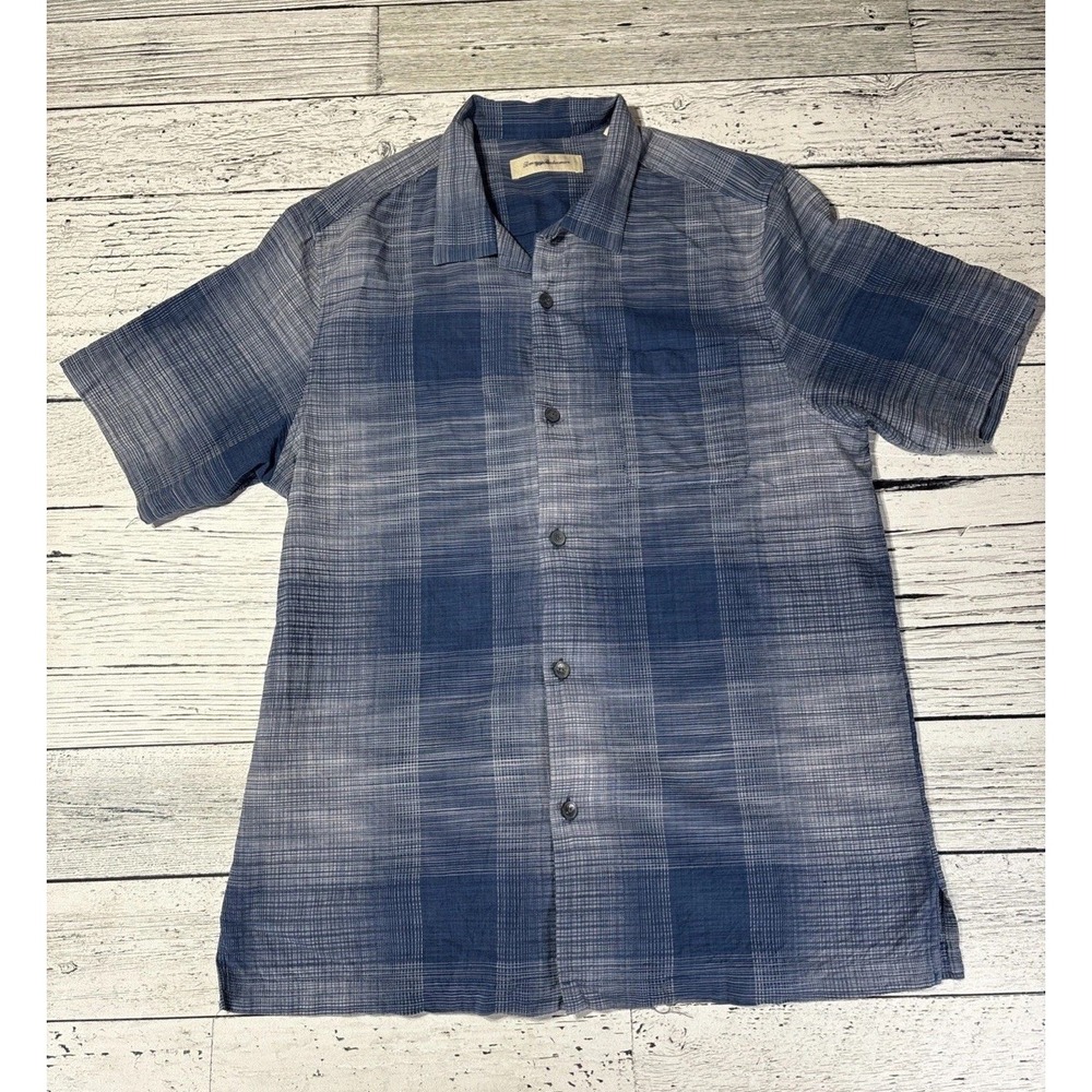 Tommy Bahama Mens Large Blue Plaid Silk Cotton Short Sleeve Button Down Shirt